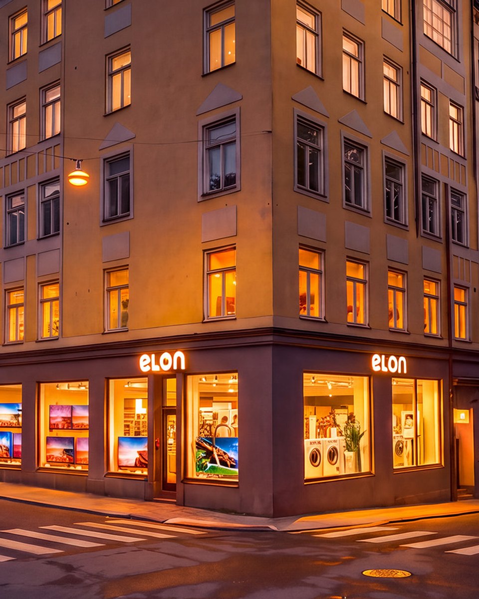 Upplysta skyltfönster med Elon-skyltar i hörnet av Storgatan 4 på Östermalm